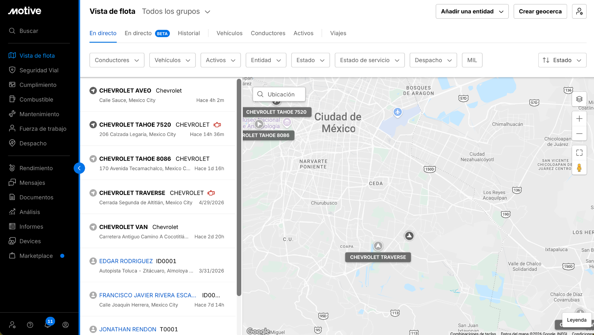 Vista de flota Motive con vehículos en tiempo real sobre mapa de Ciudad de México